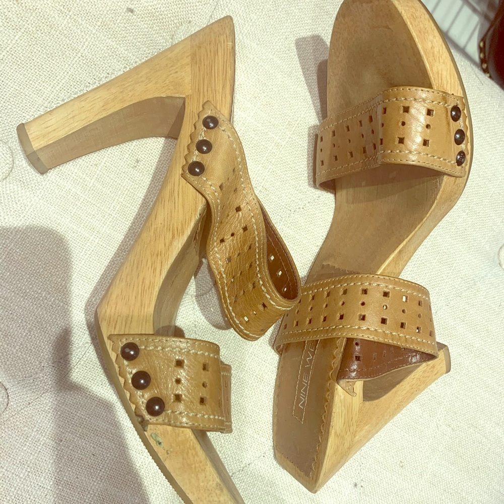 Neutral Leather and Wood Heeled Sandal